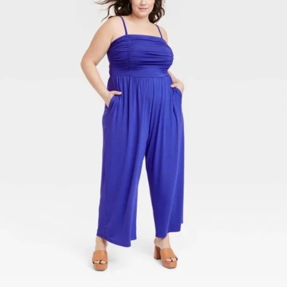 Ava & Viv Strapless Ruched Bodice Wide Leg Jumpsuit Blue Size 3X (24/26)